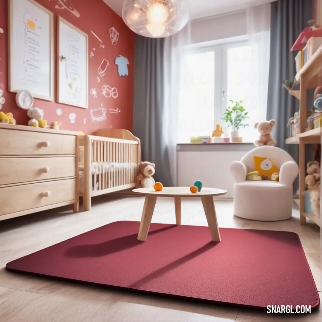NCS S 0505-R50B color. Child's room with a red rug and a white chair and a table with a teddy bear on it