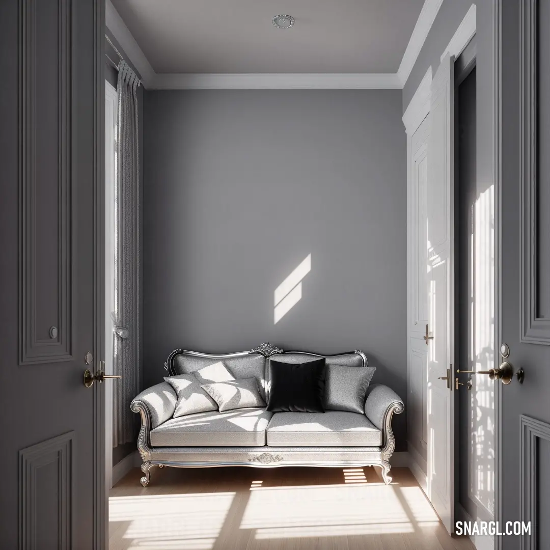 NCS S 0505-R60B color example: White couch in a living room next to a doorway with a window on it's side