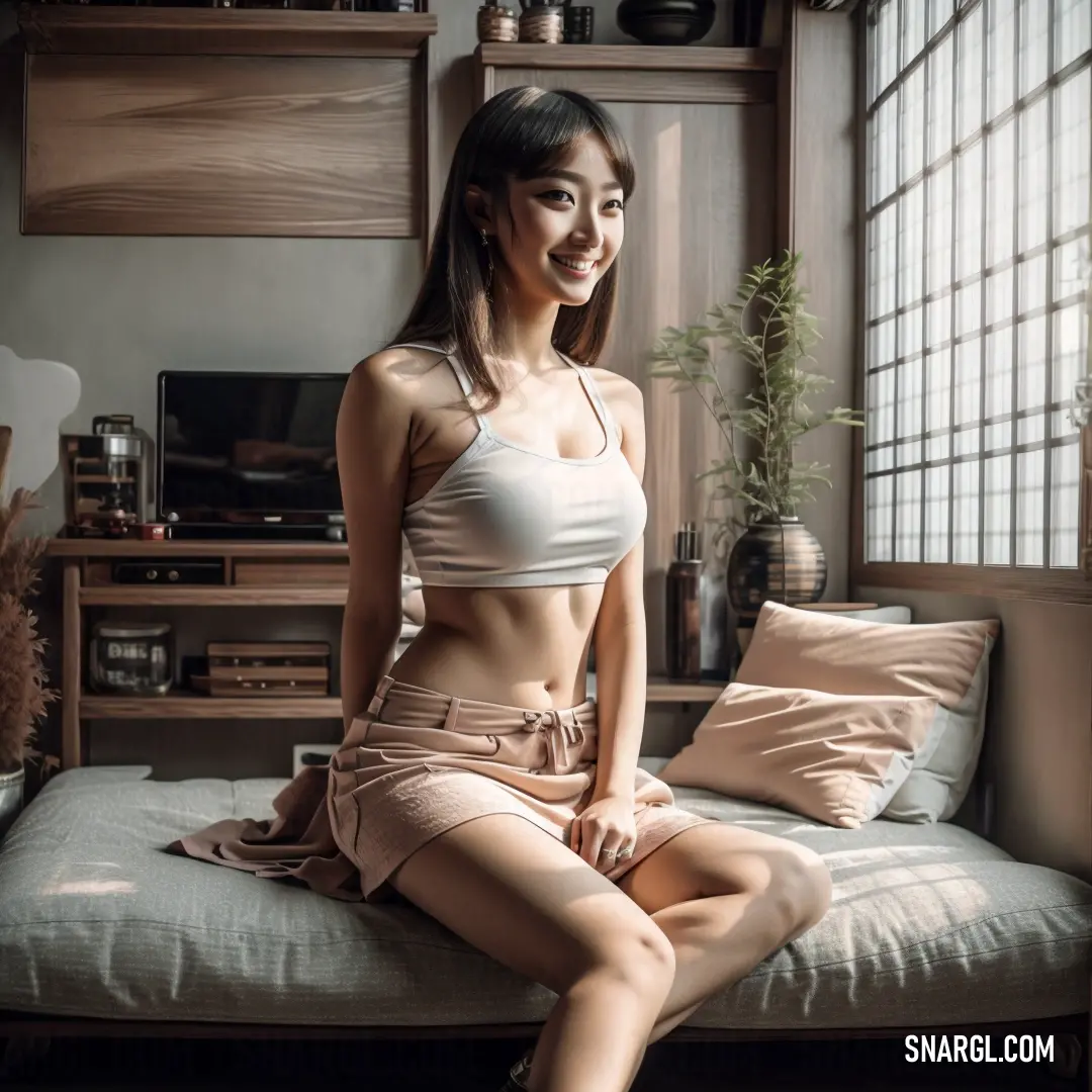 Woman on a bed in a room with a window behind her and a tv on the wall, Fan Qi. Color NCS S 0505-R60B.