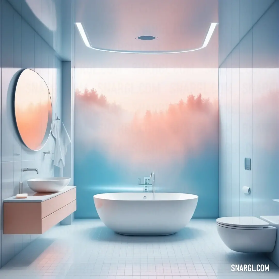 Bathroom with a large tub and a toilet and sink in it and a mirror above it and a toilet. Color NCS S 0505-R90B.