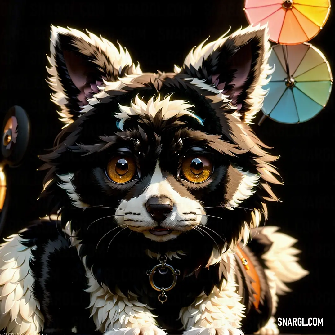 Dog with a colorful umbrella on its head down on a table with a black background. Example of NCS S 0505-Y color.