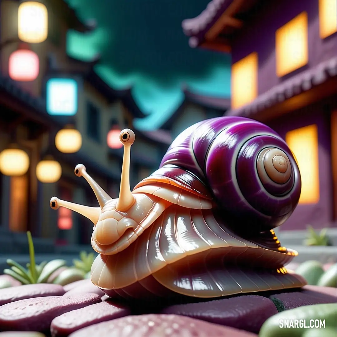 NCS S 0505-Y color. Snail is on top of a pile of purple and green cookies in front of a building with lights
