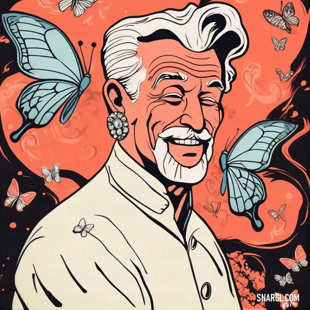 Man with a mustache and a butterfly on his head is smiling at the camera while he is surrounded by butterflies