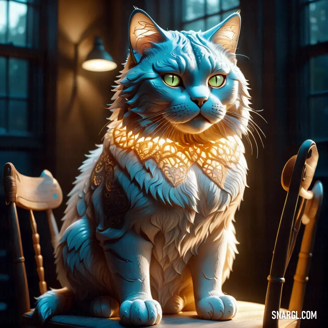 Cat on a chair with a light on its face and a collar around its neck, with a chair in the background. Color CMYK 0,2,17,0.