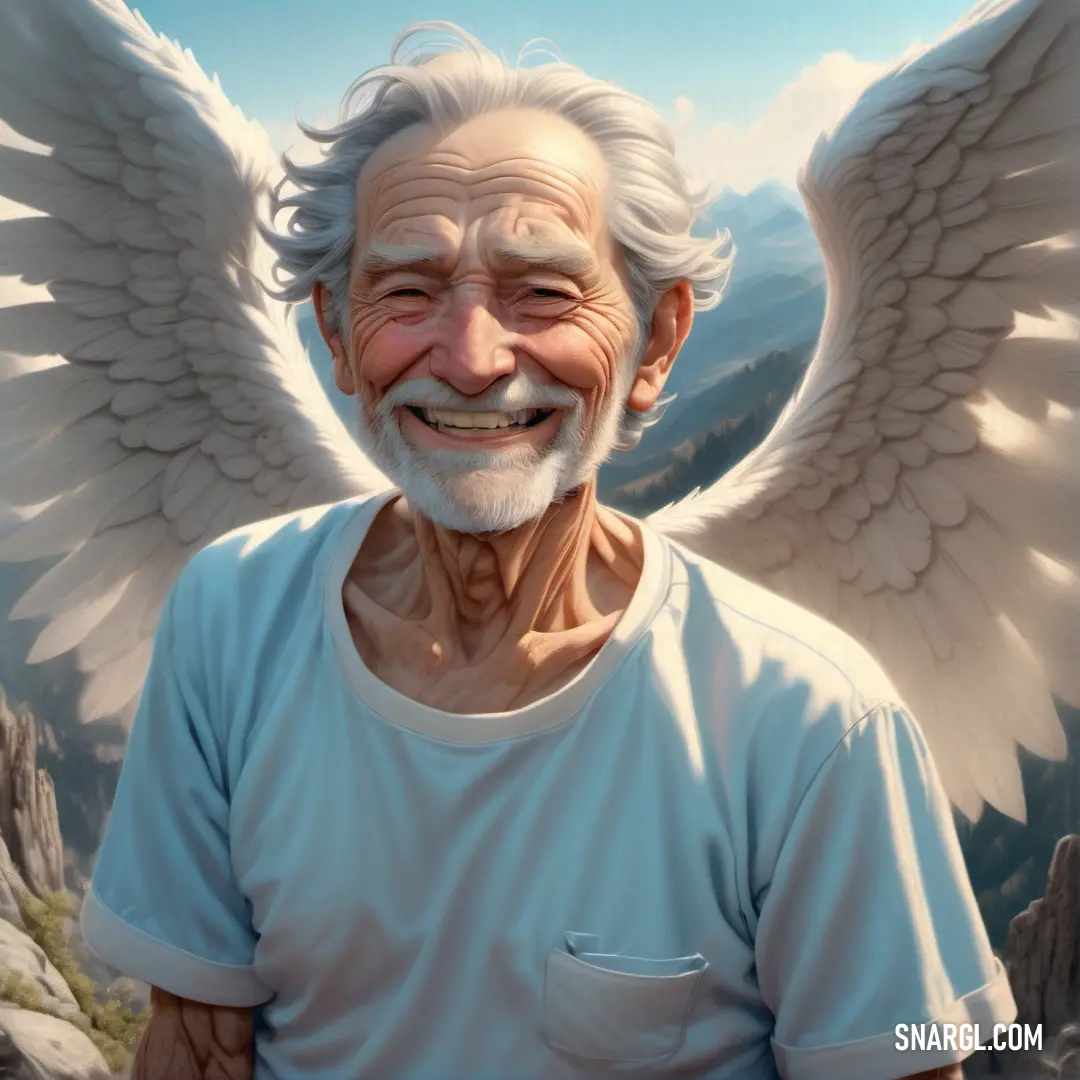 Man with white hair and a beard with wings on his head and a mountain in the background. Example of RGB 255,248,225 color.