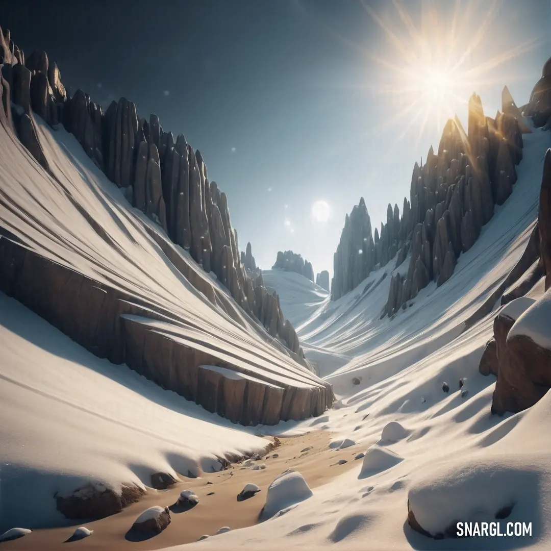Snowy landscape with rocks and snow on the ground and a sun shining over the mountains and rocks on the ground