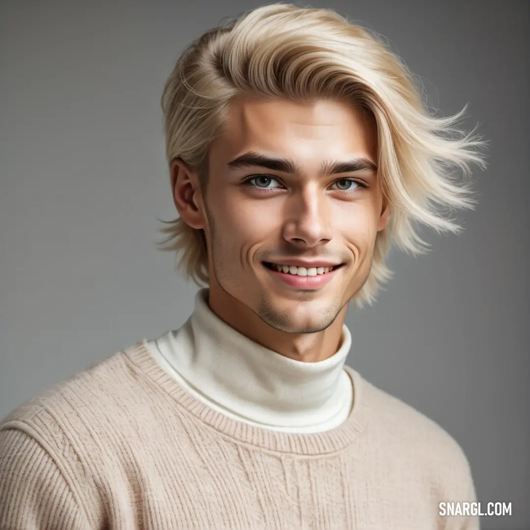 NCS S 0505-Y30R color. Man with blonde hair and a turtle neck sweater smiling at the camera with a smile on his face