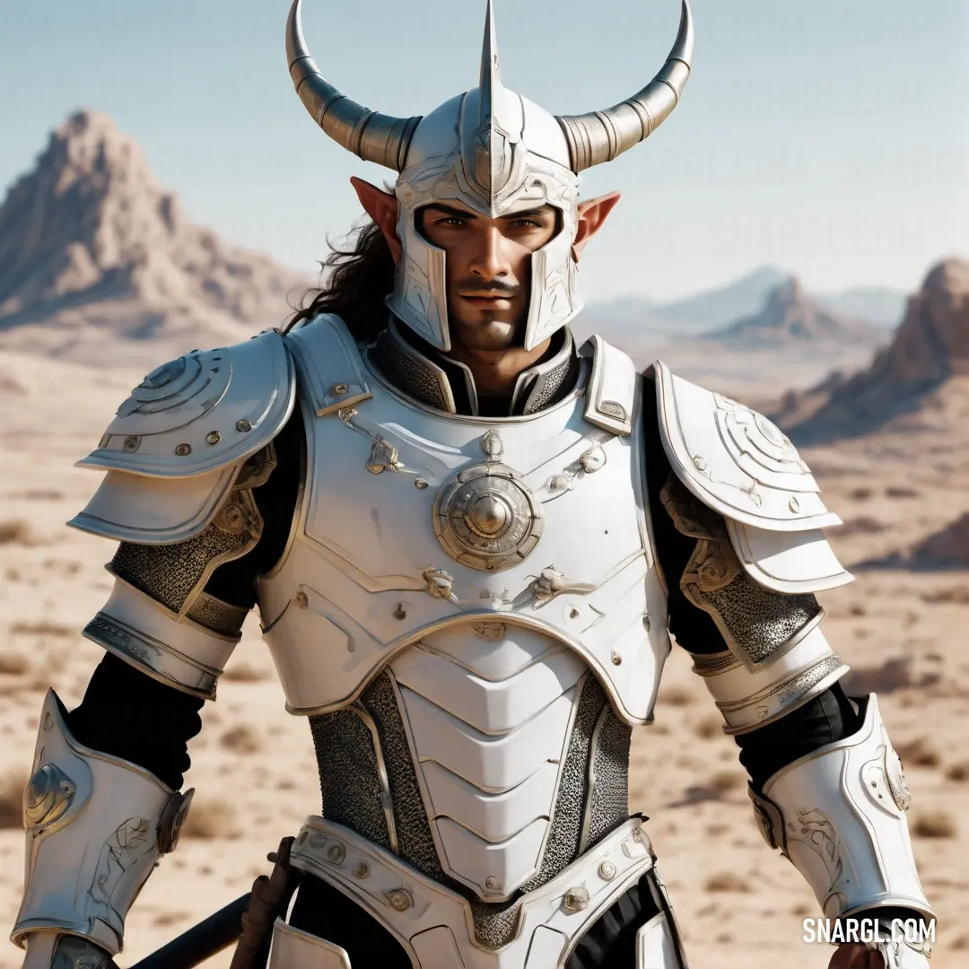 Man in a white suit with horns and horns on his head and a desert background. Example of NCS S 0505-Y40R color.