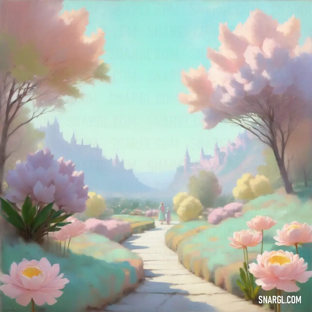 Painting of a path with flowers and trees in the background. Example of RGB 255,243,215 color.