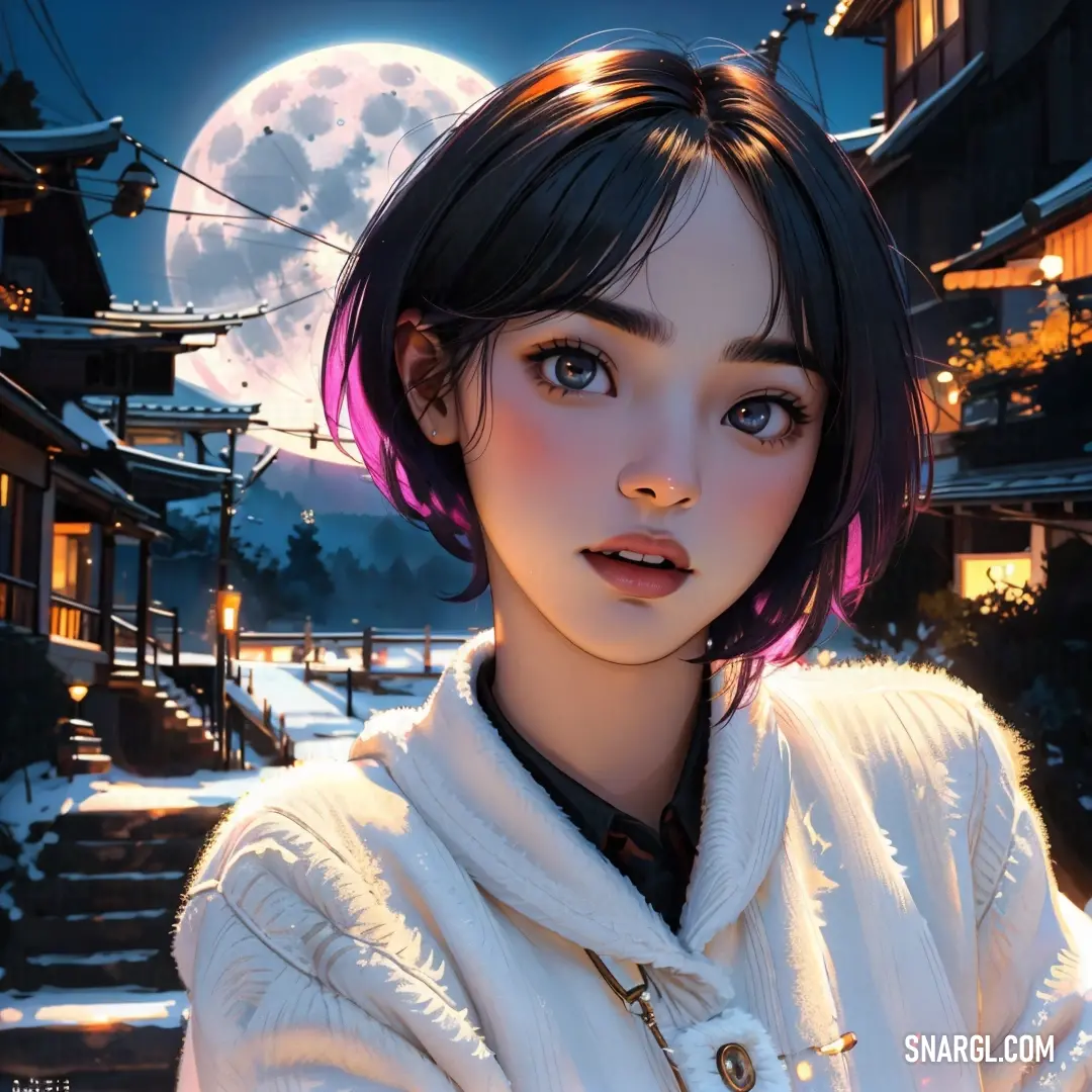 Girl with a pink hair and a white jacket in front of a full moon and a building with a clock. Example of NCS S 0505-Y60R color.