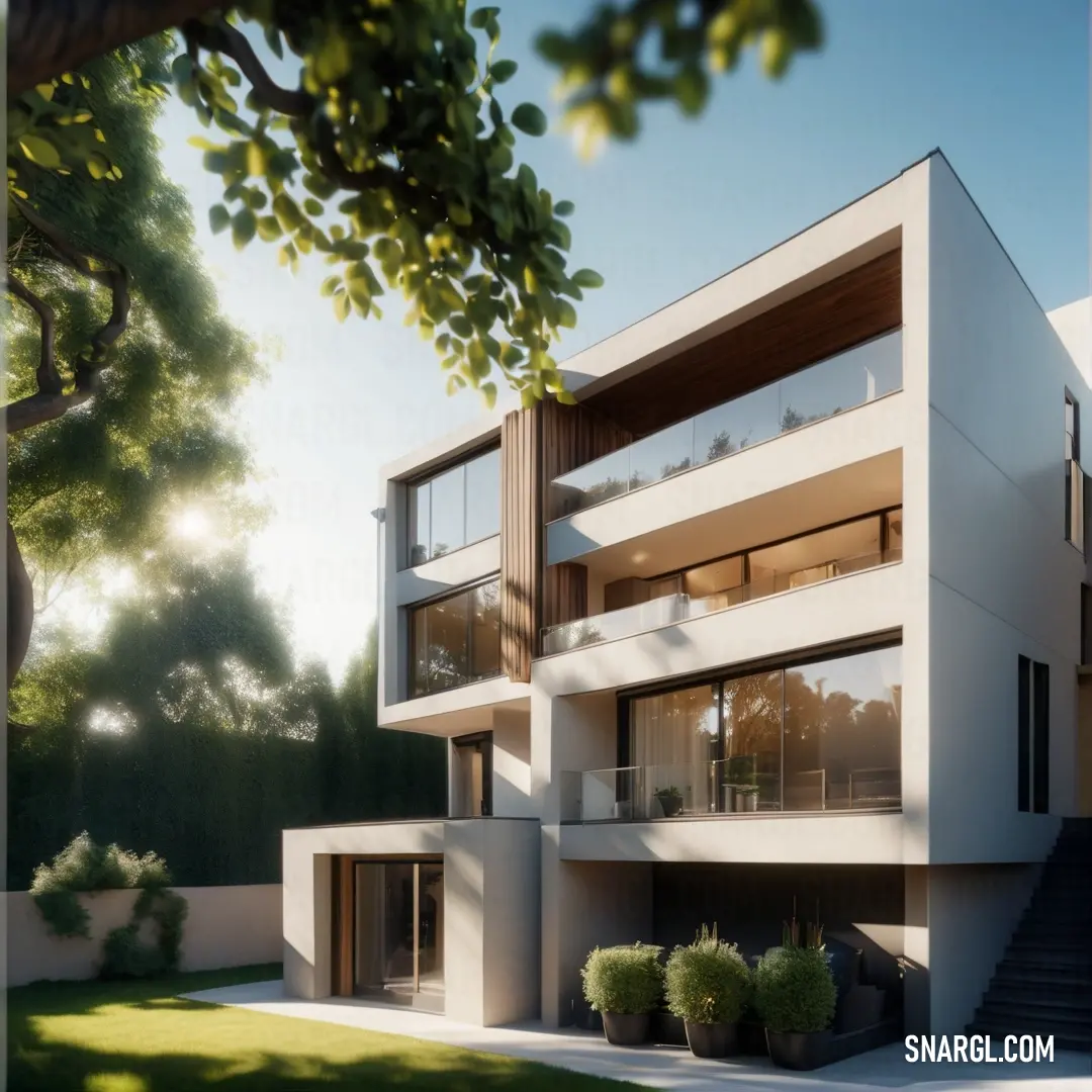 NCS S 0505-Y60R color example: Modern building with a staircase leading to it and a tree in front of it on a sunny day