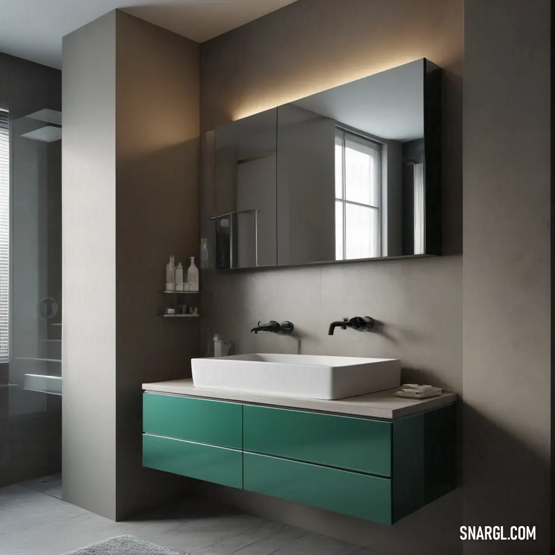 An inviting bathroom scene showcasing a white sink positioned beneath a stylish mirror, illuminated by natural light streaming through a window. This setup exudes tranquility and functionality in perfect harmony.