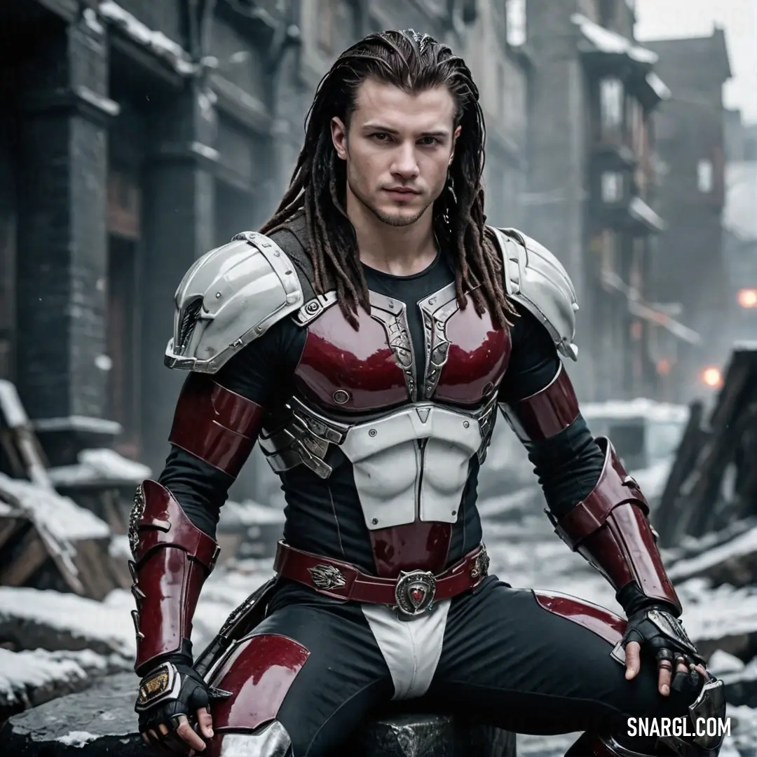 A man dressed in a lively costume stands confidently on a snow-covered rock, his dreadlocks cascading around him. The stark white snow creates a captivating contrast, amplifying his striking presence amidst winter's chill.