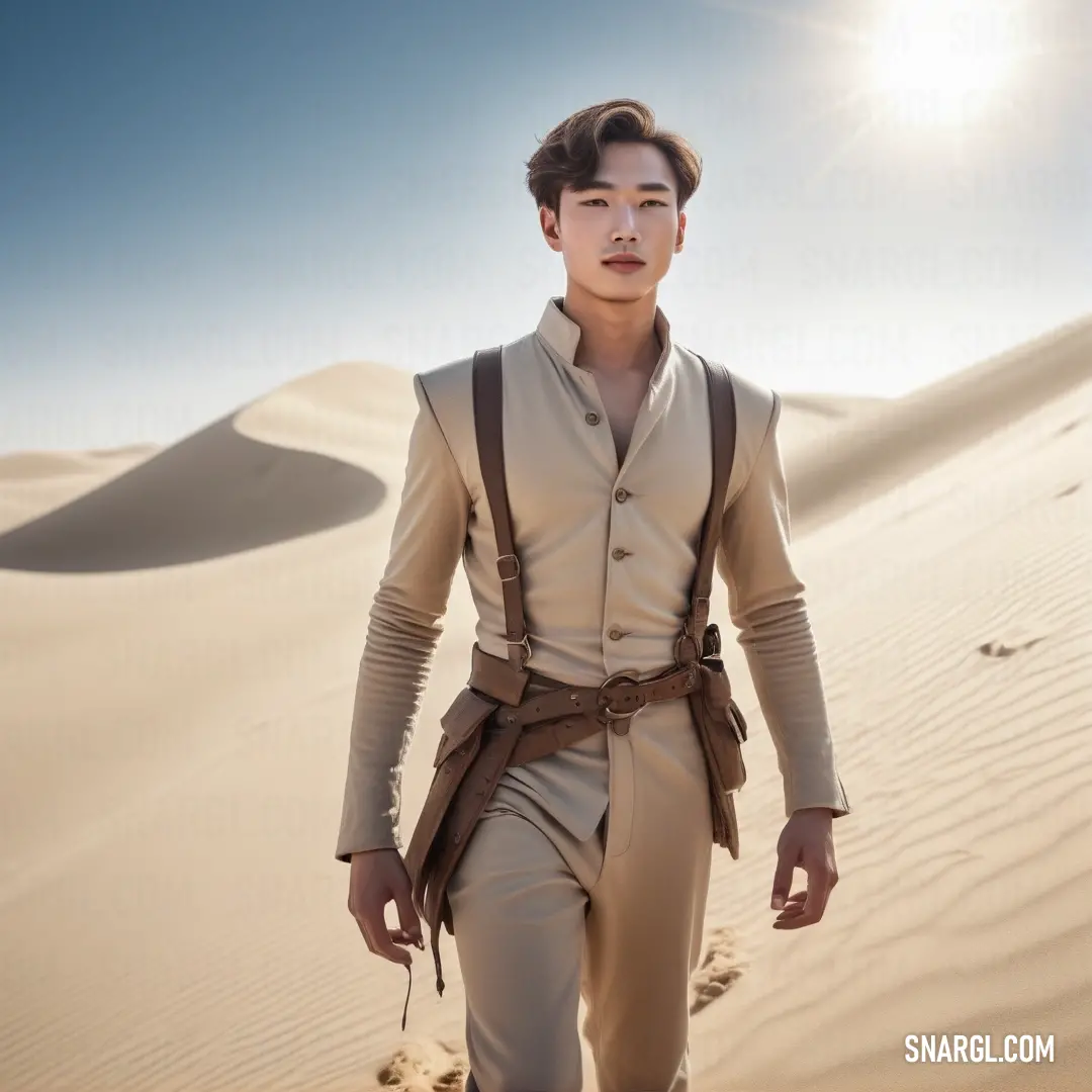 Man in a desert outfit walking across a desert area with sand dunes in the background. Color RGB 255,242,226.