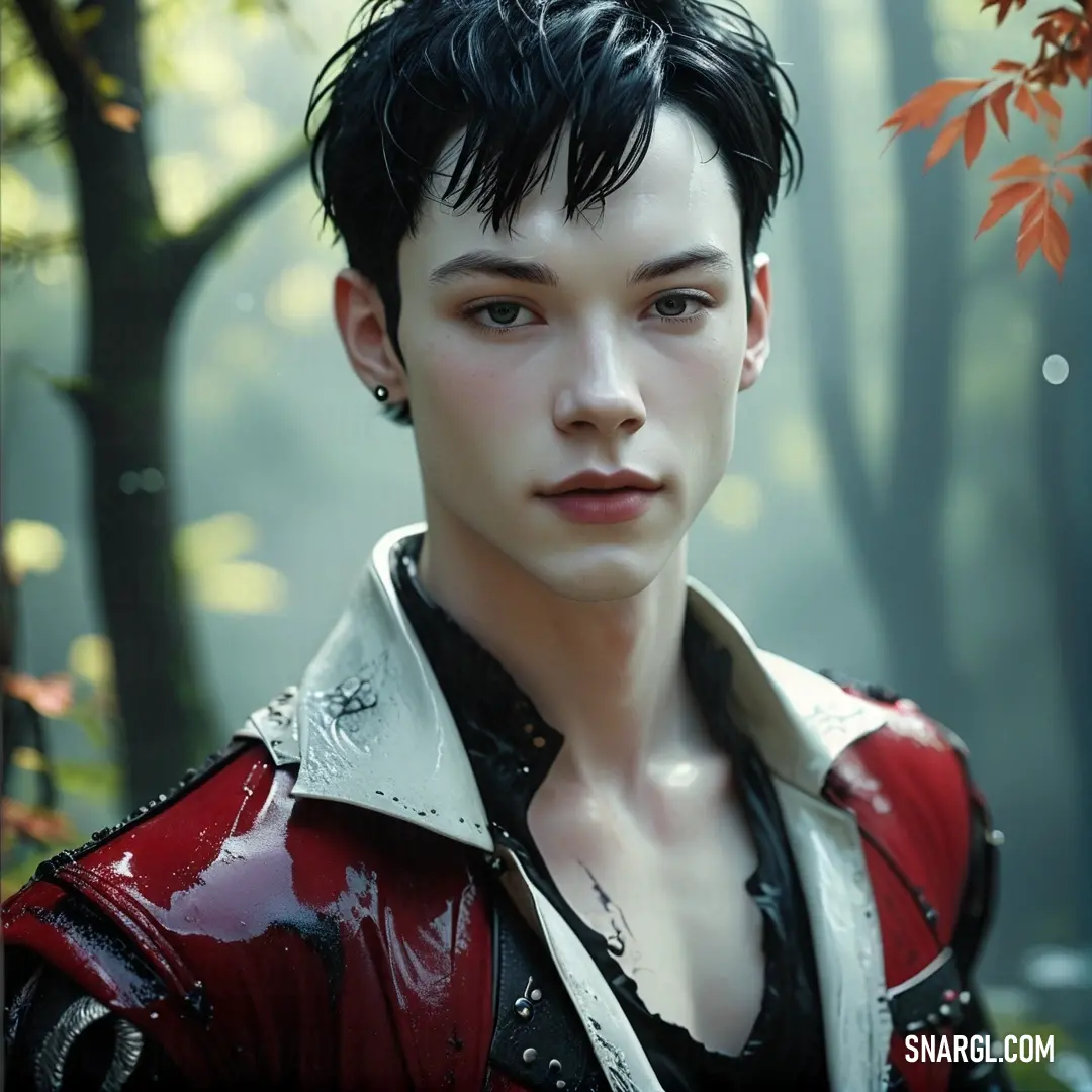 A man with a red jacket and black hair is surrounded by trees in an ethereal forest, where subtle colors emerge from the foliage. His confident stance resonates with the tranquility and mystique of nature.