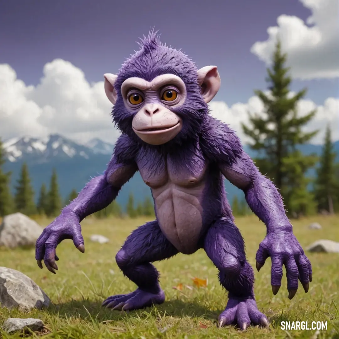 A delightful purple monkey stands in a lush field of green grass and scattered rocks, with a majestic mountain looming in the background. Its playful demeanor radiates joy and harmony with nature, inviting viewers to experience the beauty of this vibrant 