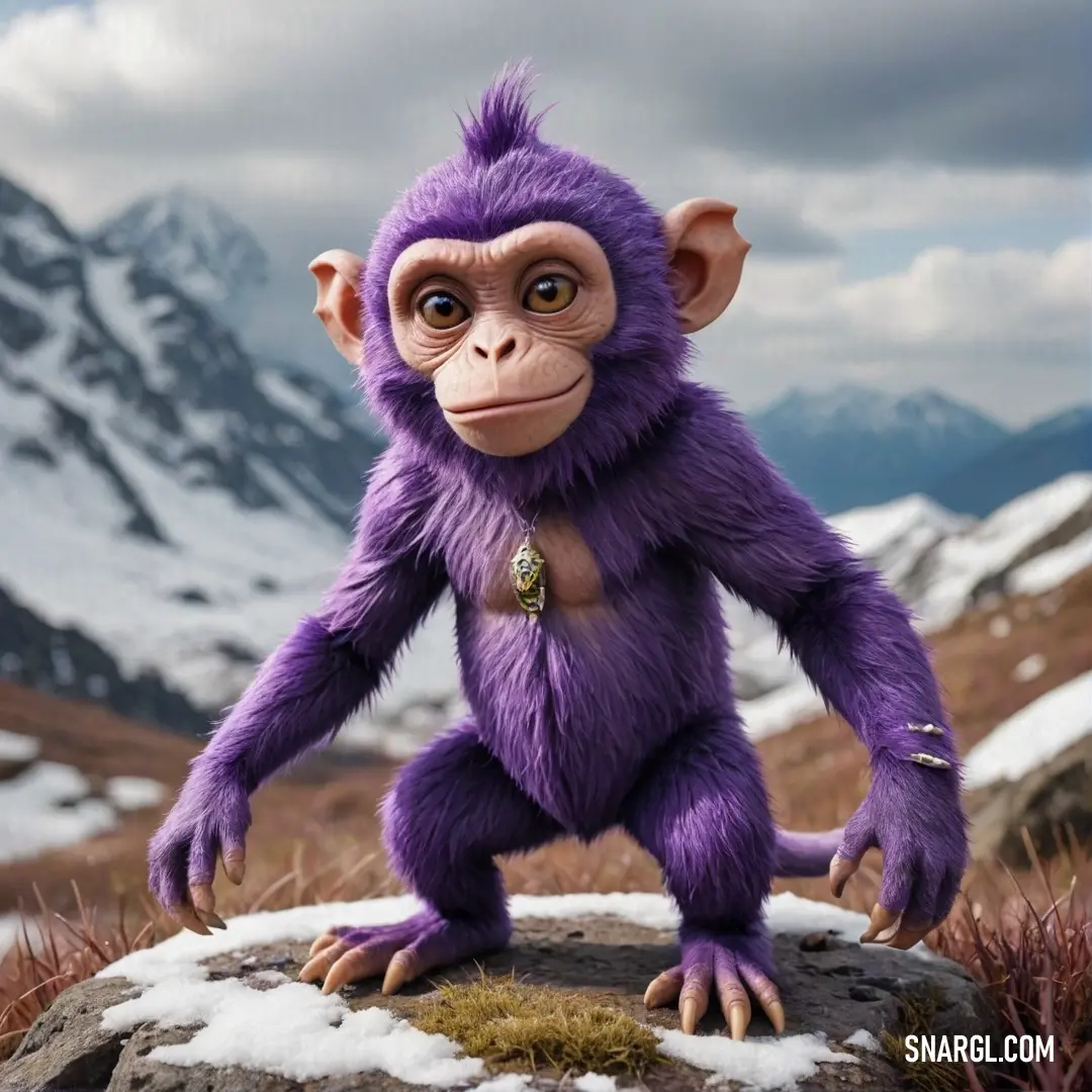 A playful purple monkey stands atop a snow-laden rock, surrounded by a breathtaking panorama of snow-capped mountains. Its bright color brings life to the serene winter scene, invoking a sense of joy and liveliness against the pale backdrop. Color #FFF2E2