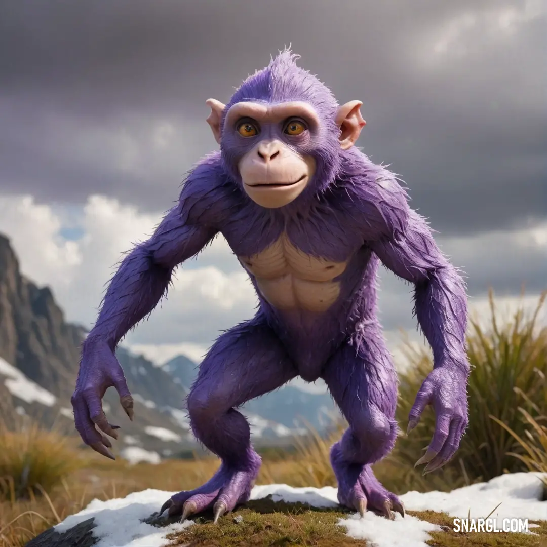 A joyful purple monkey perches confidently on a snow-encrusted rock, framed by towering mountains shrouded in mist. Its vibrant color and playful stance add a delightful energy to the tranquil winter landscape, where nature and fantasy intertwine beautifu