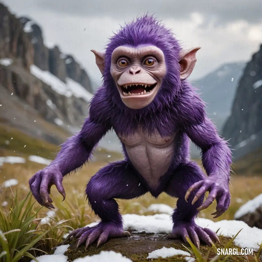 A vibrant purple troll stands triumphantly on a weathered rock, surrounded by a blanket of snow and majestic mountains peeking through the clouds. Its colorful form adds a splash of whimsy to the serene winter scene, set against the backdrop of nature's u