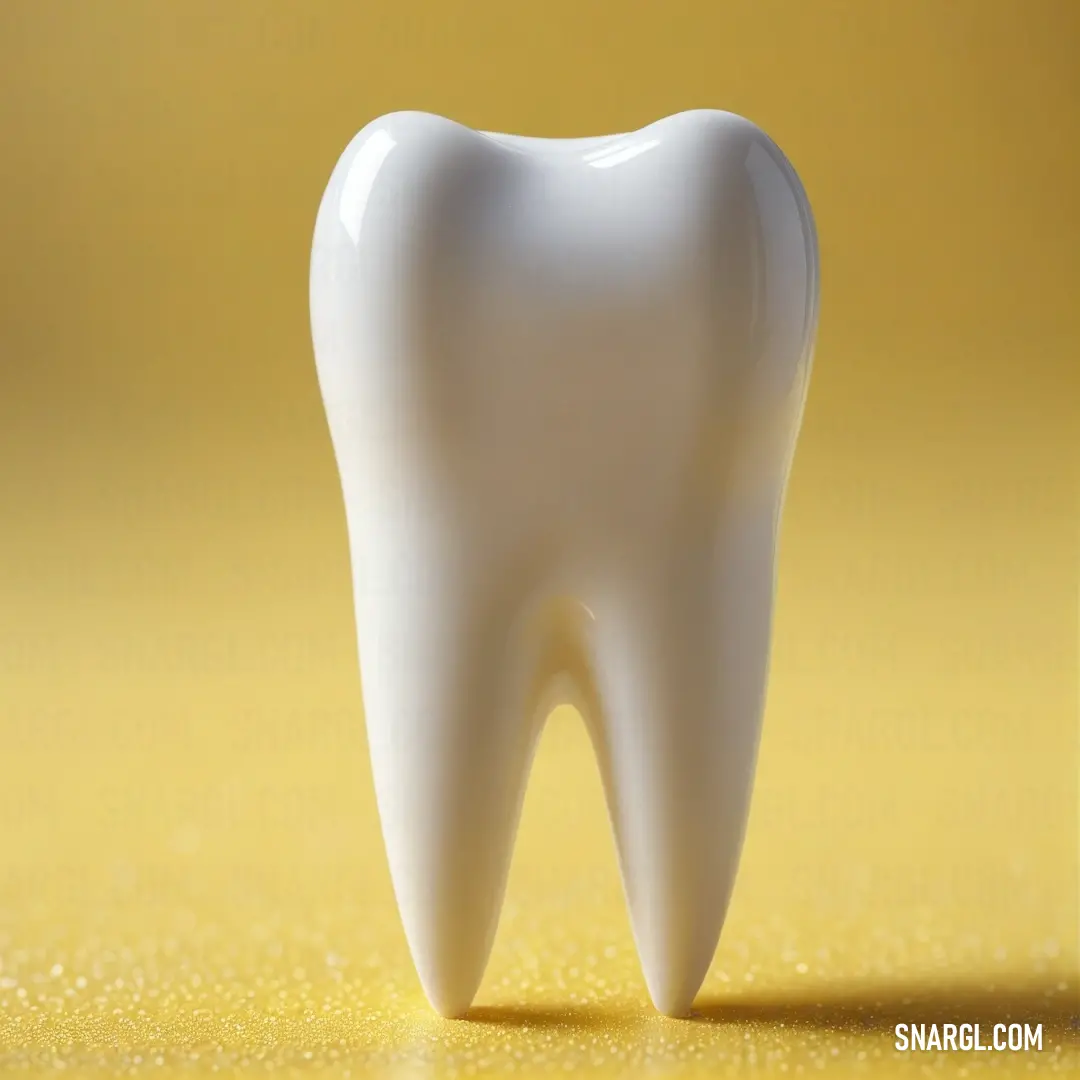 A tooth model resting on a smooth yellow surface, displaying intricate details in soft shades of white, reminiscent of the color #FFF2E2, creating a clean and polished appearance.