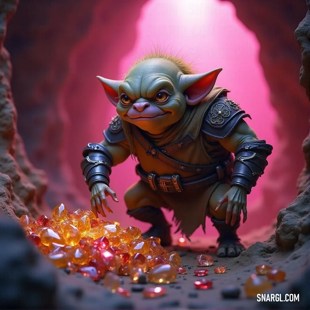 A whimsical toy figure resembling a beloved character is nestled in a cave, surrounded by sparkling glass shards that glimmer softly, creating a fantastical scene inviting viewers into a magical world of imagination.