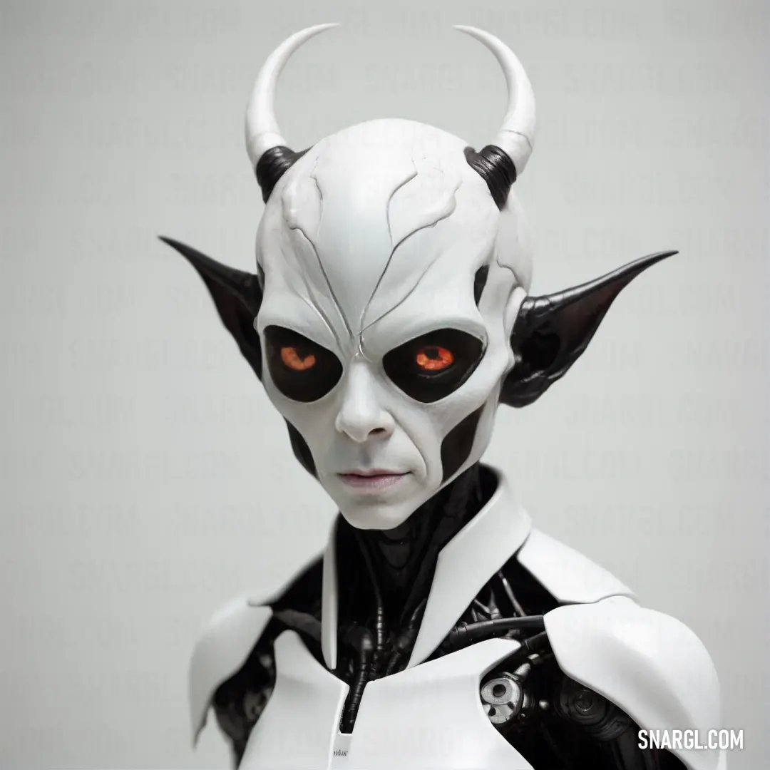 A striking portrait of a white male with red eyes and horns, wearing a mysterious white mask that covers his face, with an eerie yet captivating atmosphere. The scene is set against a color backdrop resembling NCS S 0505-Y70R.