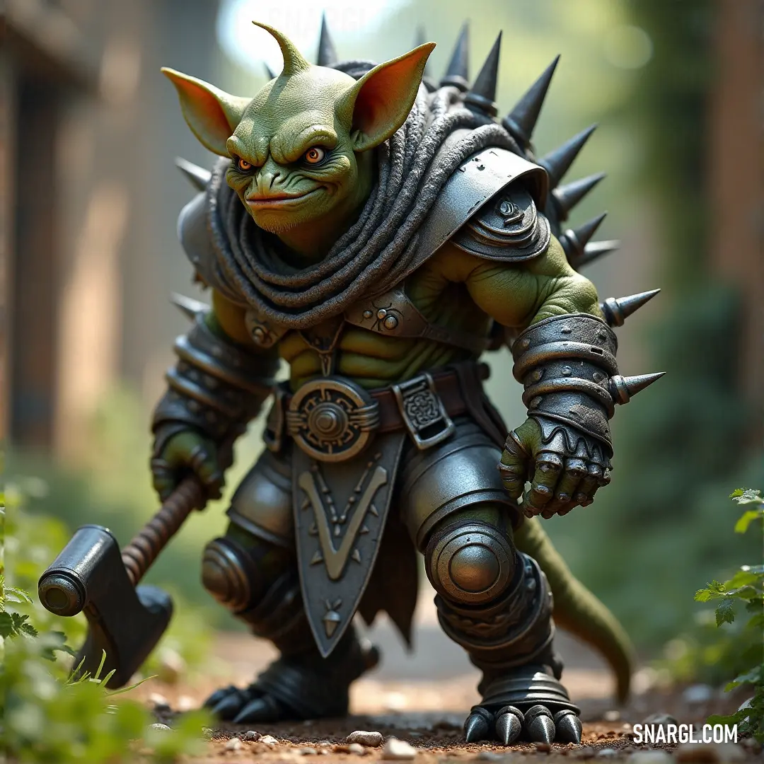 A whimsical toy figure of a creature with spiked horns and a sword boasts a fierce expression, standing proudly amidst a fantasy-inspired backdrop, sparking the imaginations of young and old alike with tales of adventure.