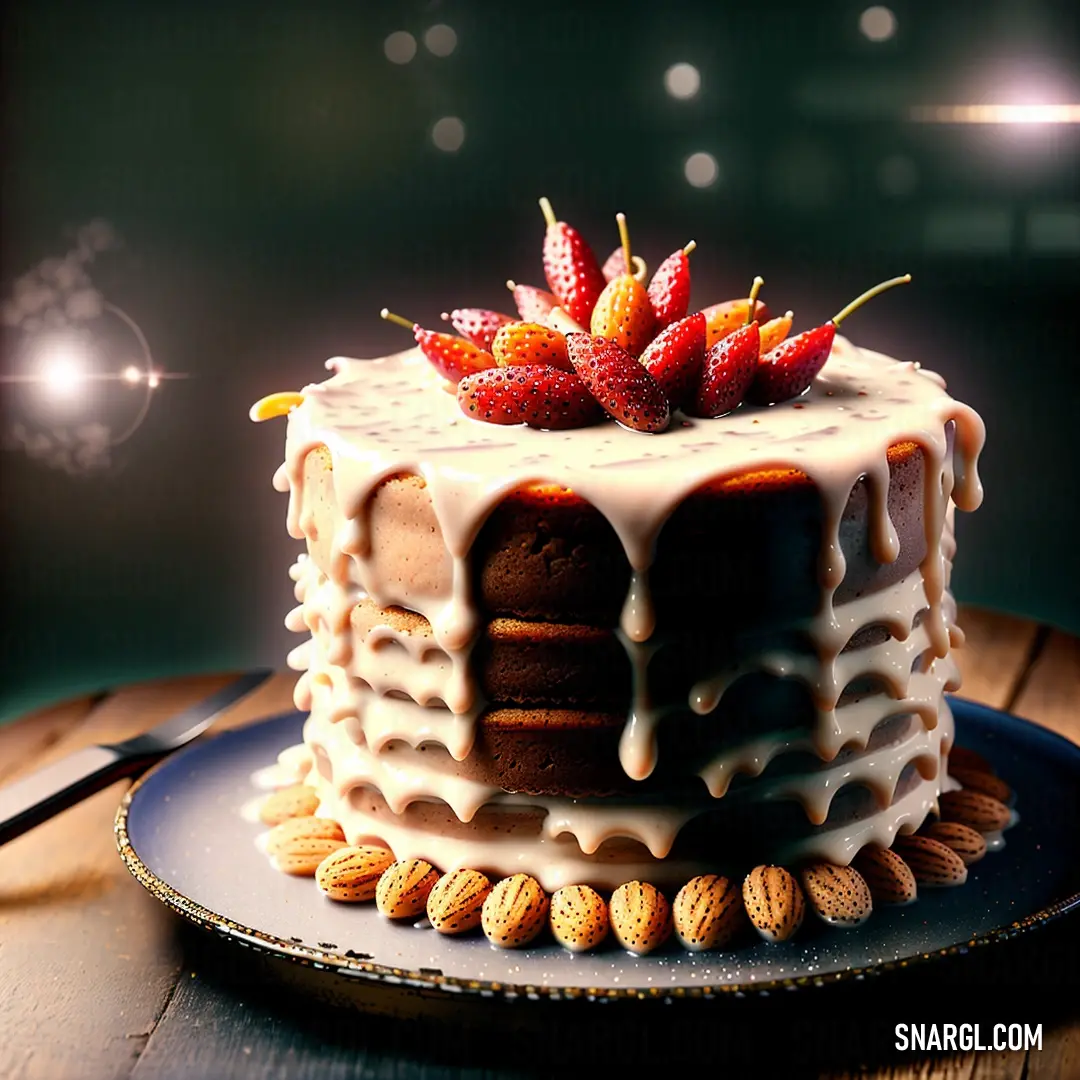 Cake with a frosting and fruit decoration on top of it on a plate with a fork and a knife. Example of RGB 255,245,236 color.