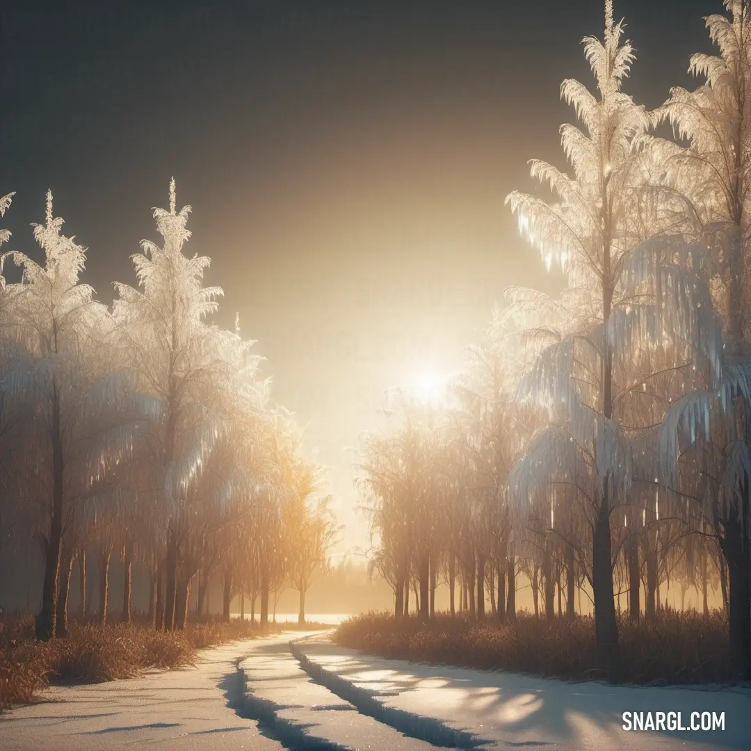 Road that is surrounded by trees and snow covered ground with the sun shining through the trees. Color RGB 255,245,236.
