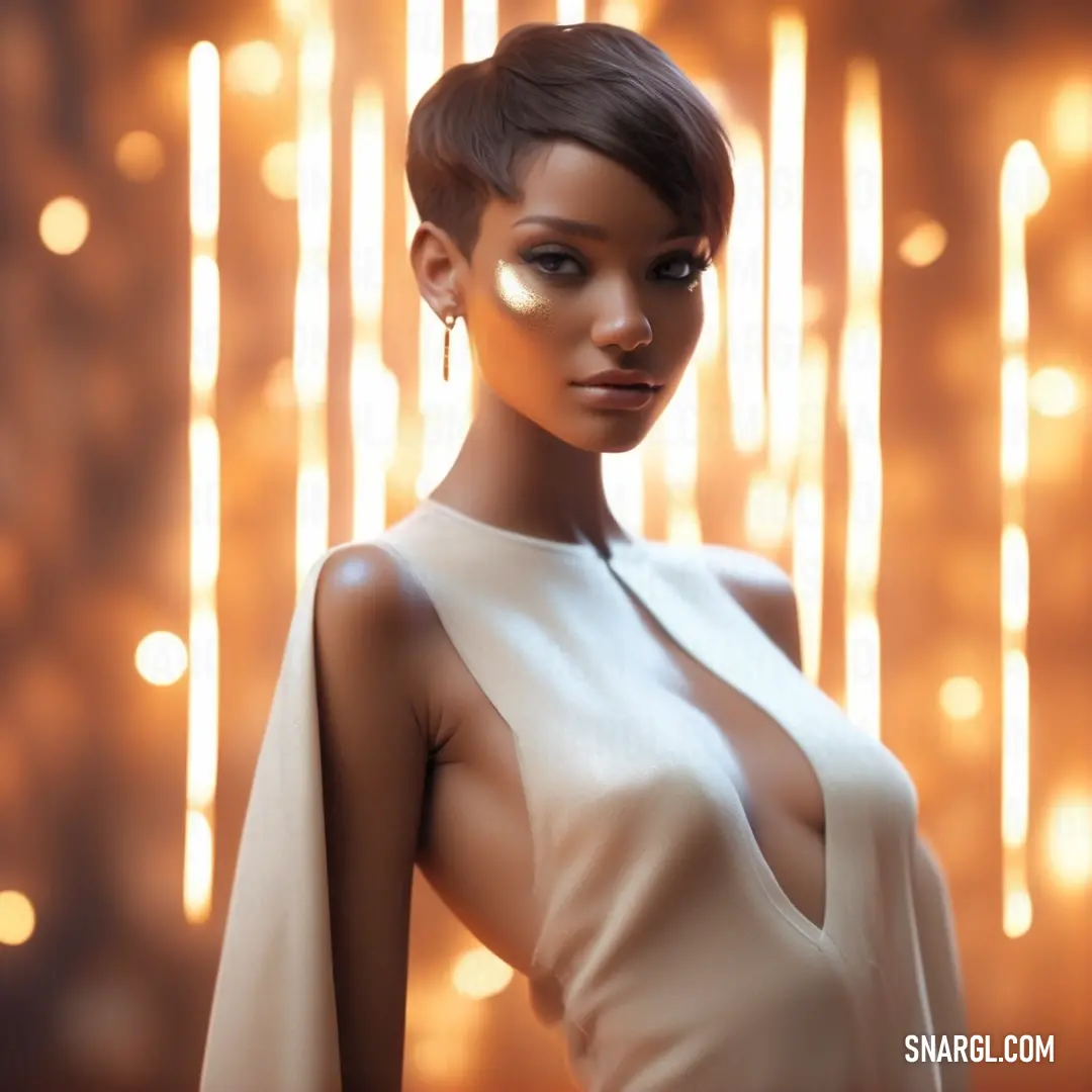 Woman with a short haircut and a white dress is standing in front of a wall of lights. Example of #FFF5EC color.