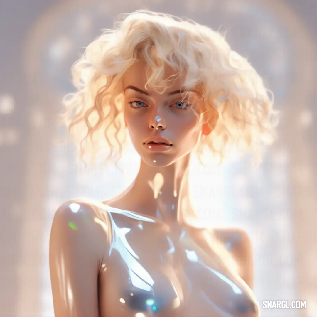 Woman with a very large breast and a very short haircut is posing for a picture in a futuristic style. Color #FFF5EC.