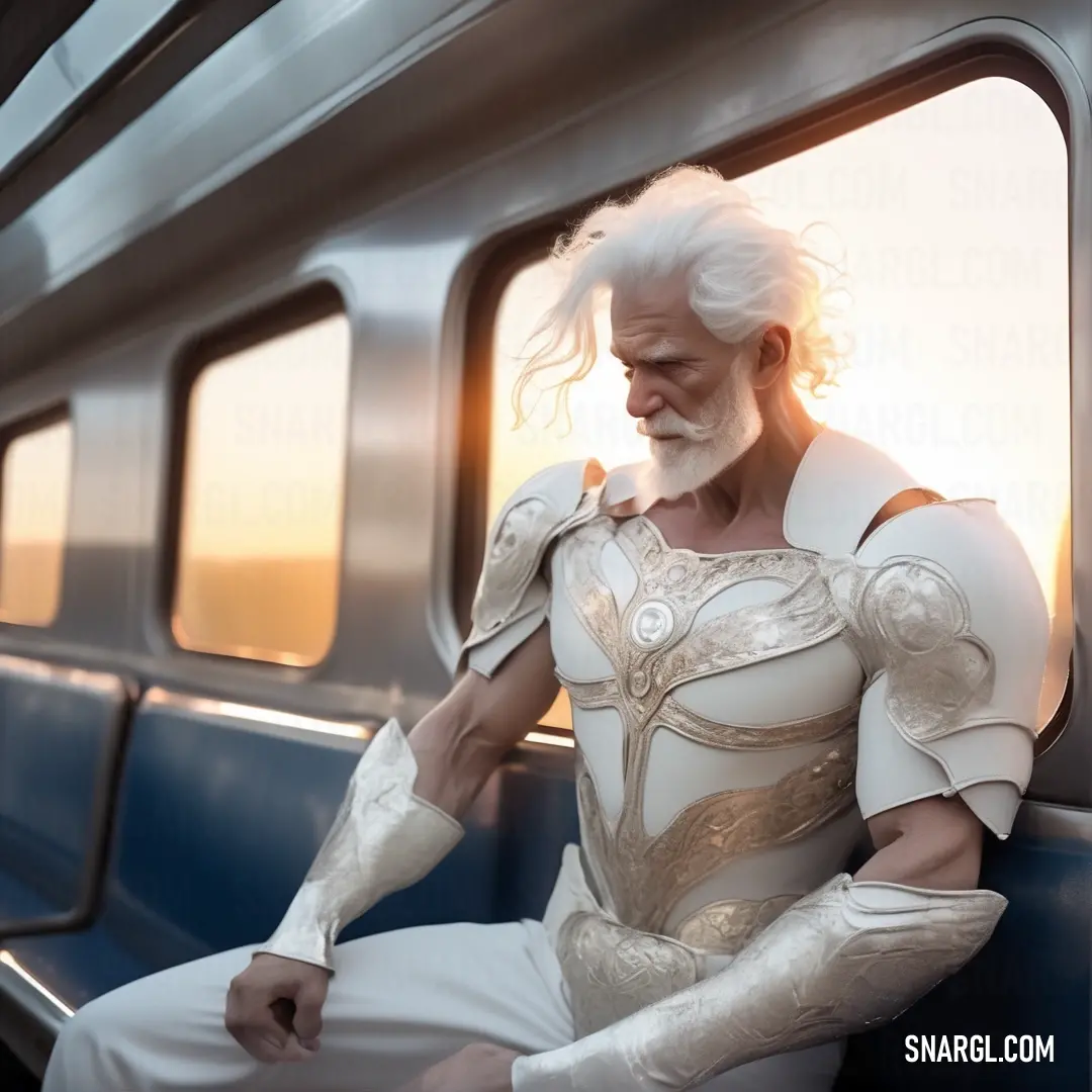 Man in a white outfit on a train looking out the window at the sun setting behind him. Color RGB 244,251,251.