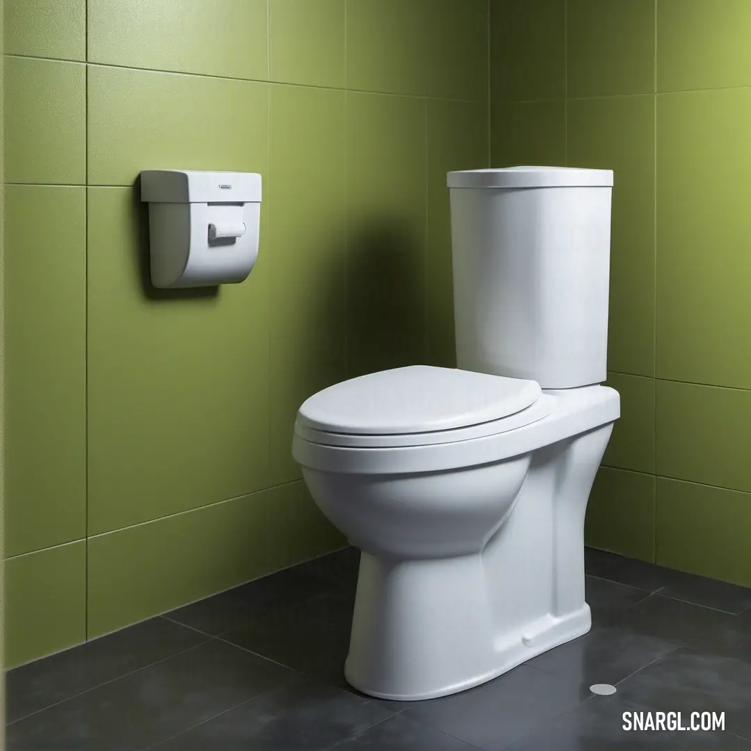 White toilet in a bathroom next to a green wall with a paper dispenser on it. Example of #F4FBFB color.