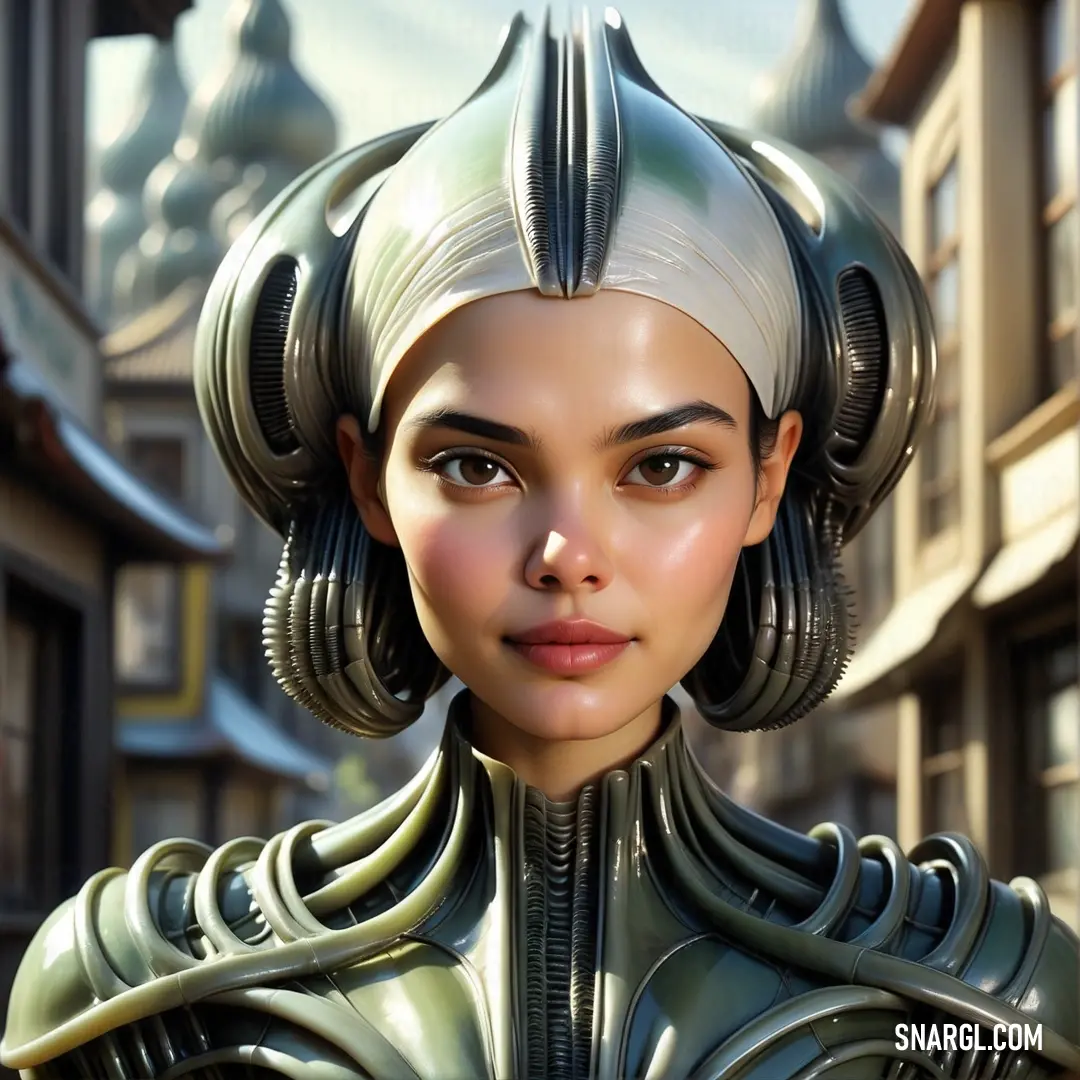 Digital painting of a woman in a futuristic suit with a futuristic helmet on her head and a city in the background