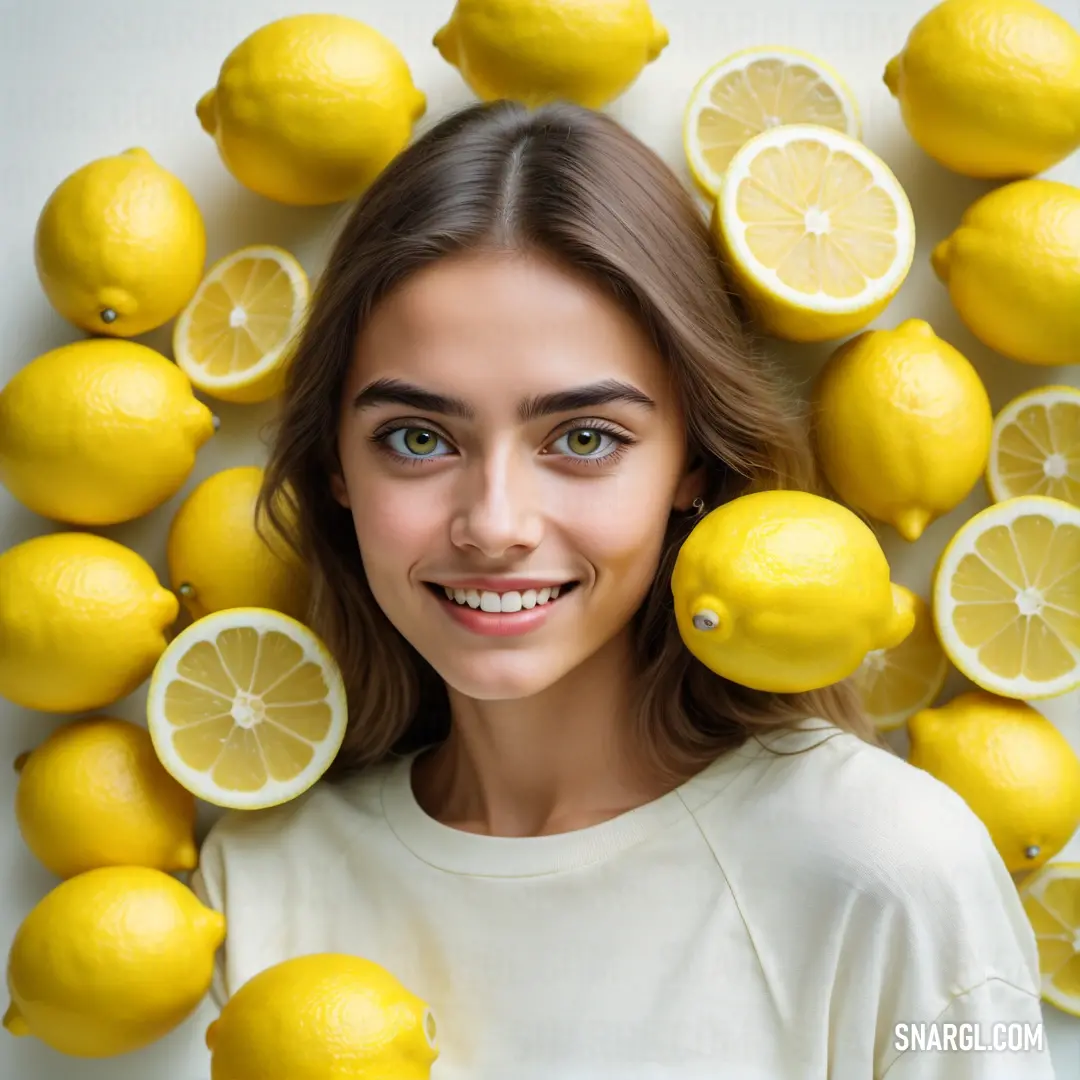 NCS S 0507-B20G color example: Woman standing in front of a bunch of lemons with her eyes closed and smiling at the camera