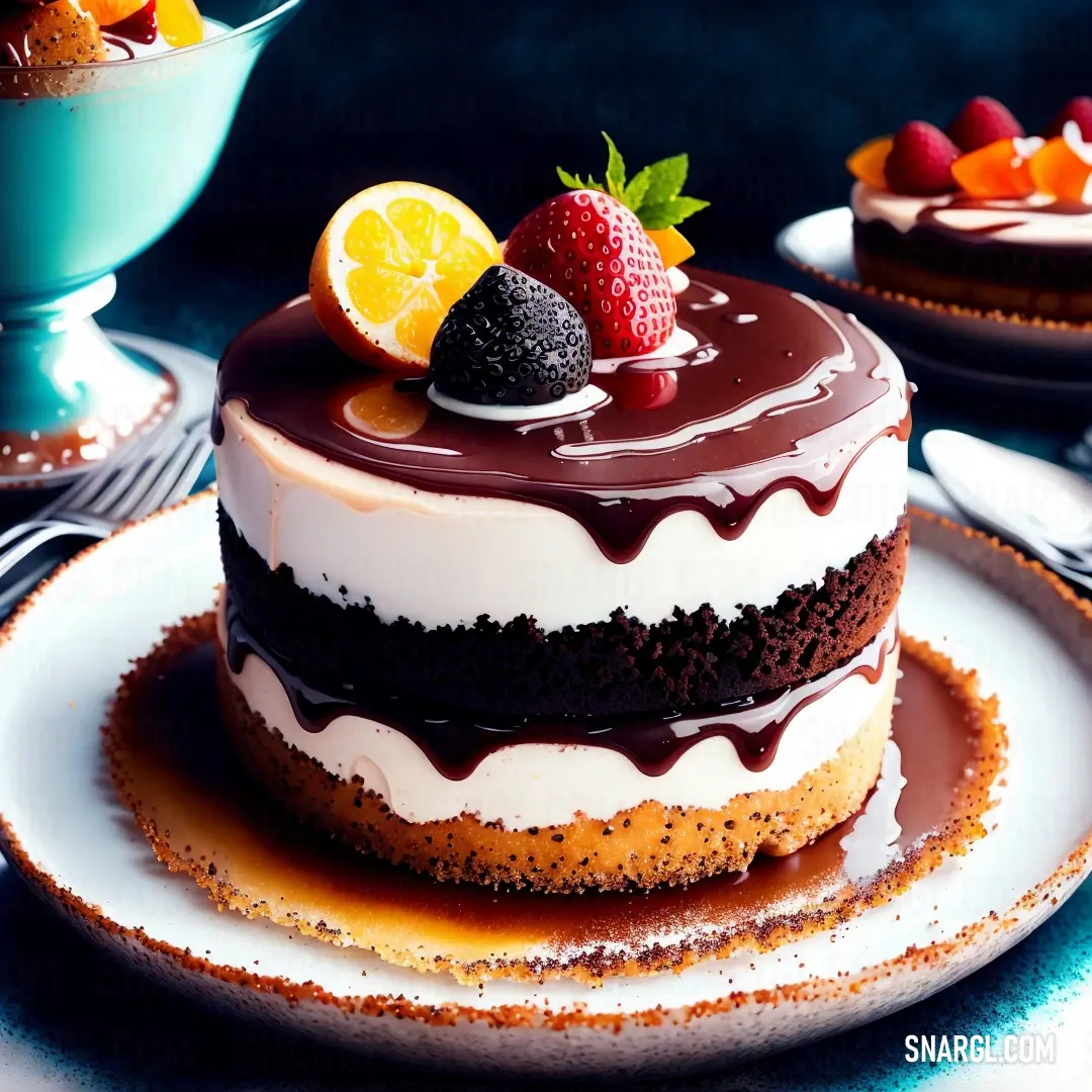 Chocolate cake with a fruit topping on top of it on a plate. Color RGB 255,246,250.