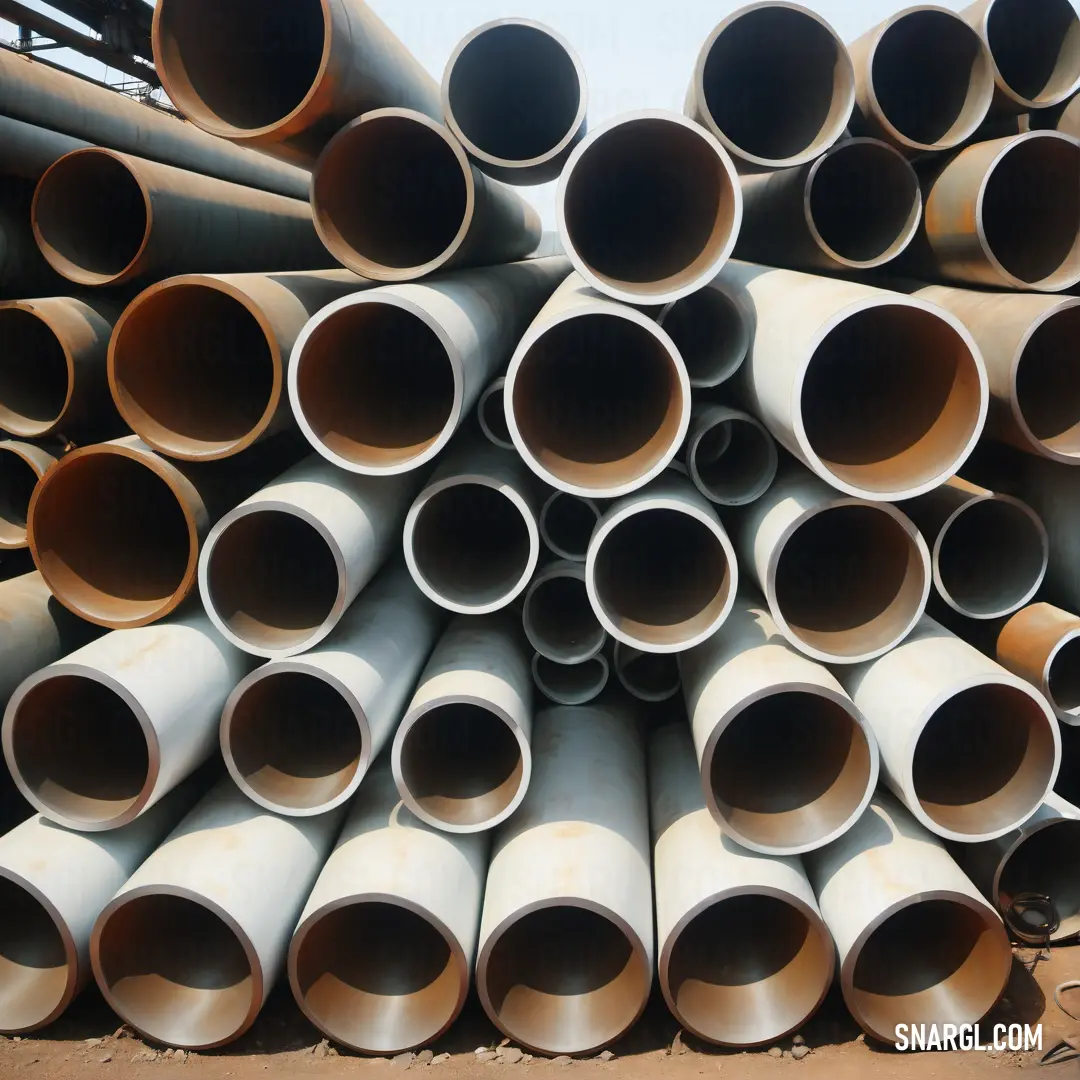 Pile of pipes stacked on top of each other in a warehouse area with a sky background. Color RGB 244,249,253.