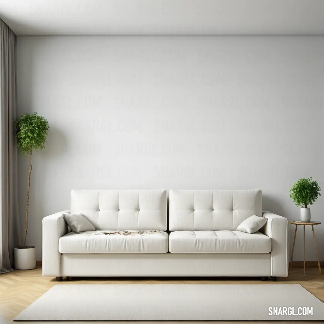 White couch in a living room next to a window with curtains on it and a potted plant. Example of CMYK 7,1,0,0 color.