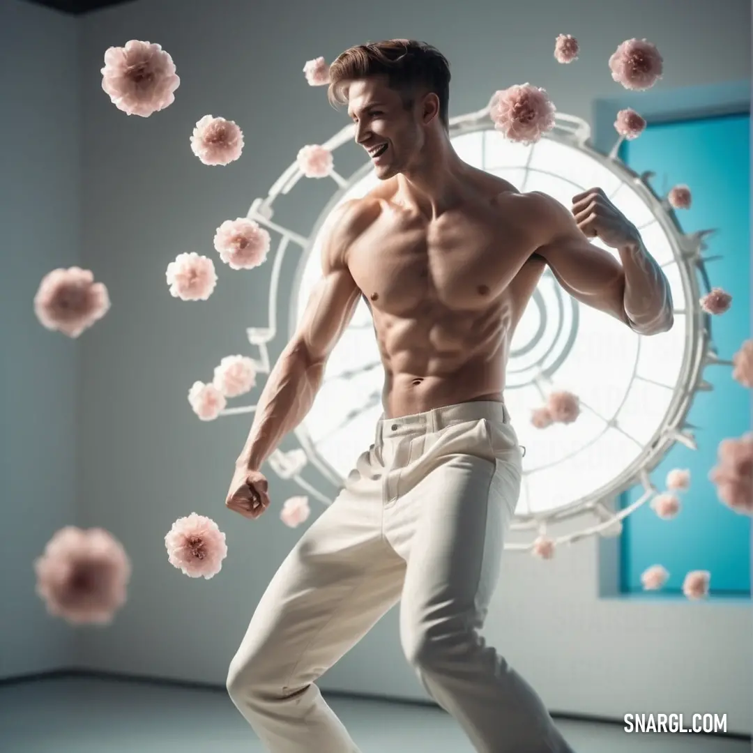 Man is dancing in a room with flowers around him and a clock in the background. Example of RGB 255,249,214 color.