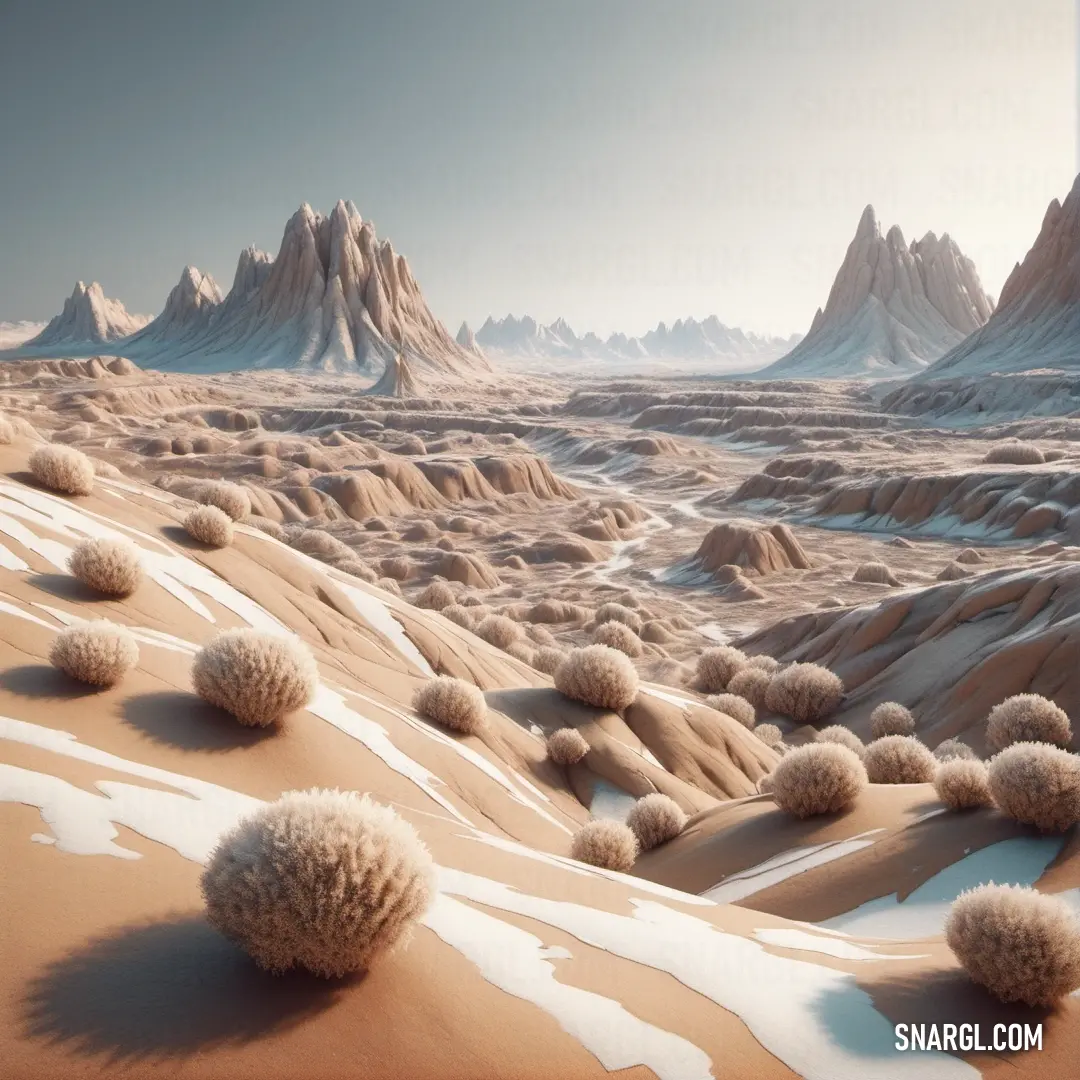 Desert landscape with mountains and snow on the ground and a sky background. Example of #FFF0D6 color.