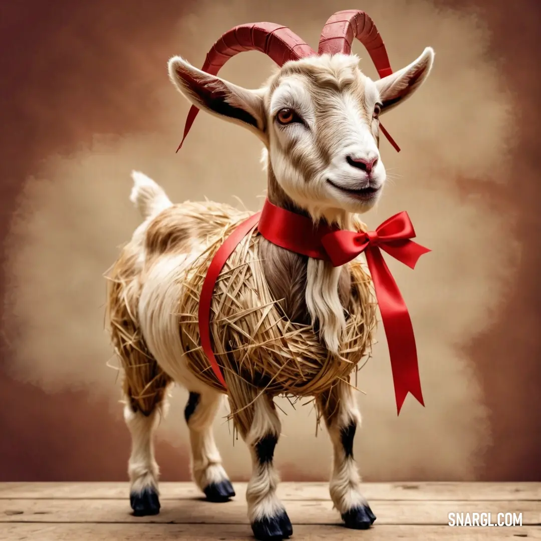 Goat with a red ribbon around its neck and a red bow around its neck. Color #FFF0D6.