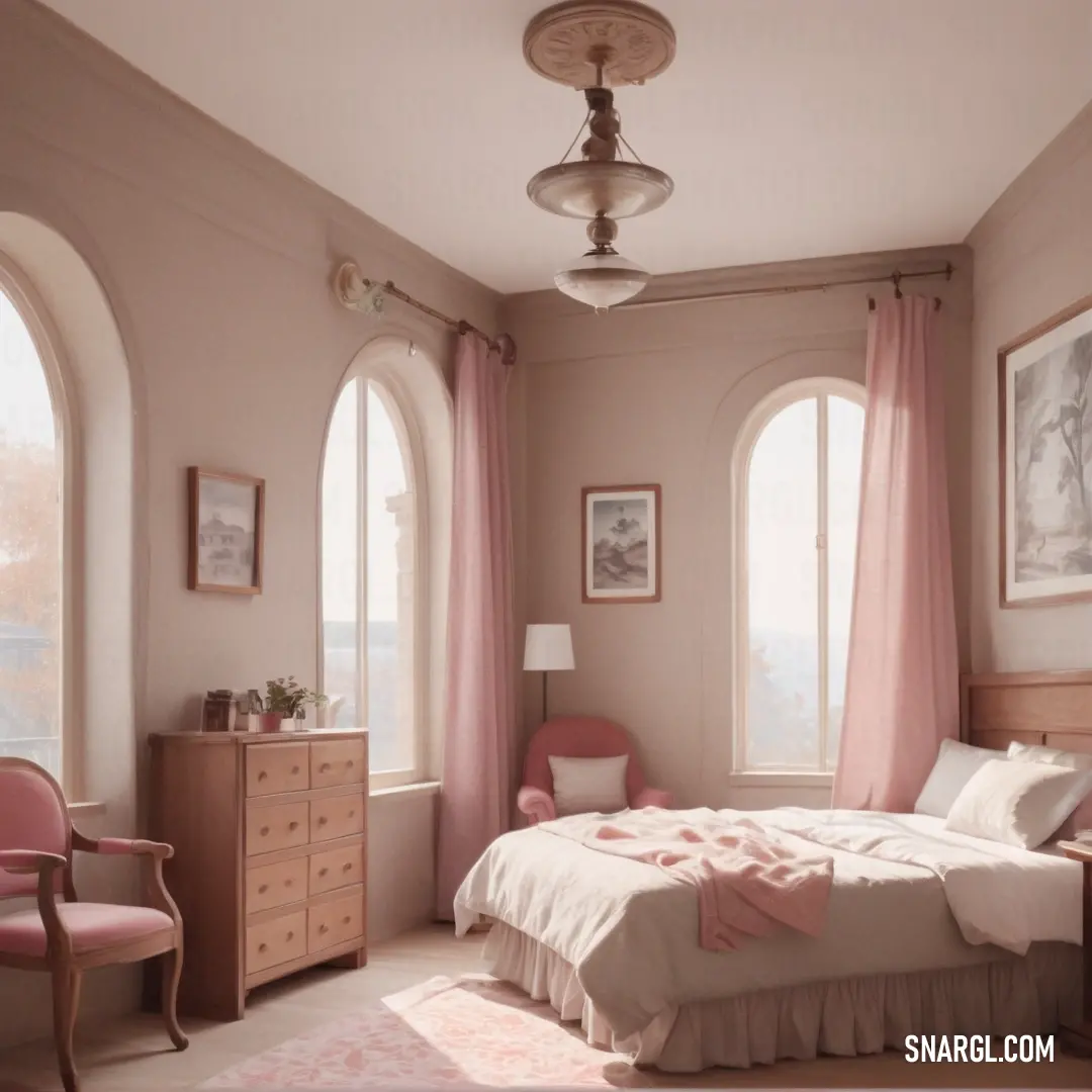 Bedroom with a bed, dresser. Color NCS S 0507-Y80R.