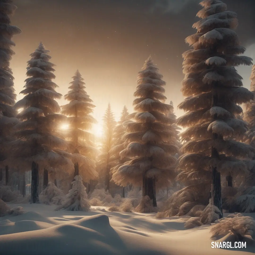 Snowy landscape with trees and a sun setting in the background. Example of #FFF1E3 color.