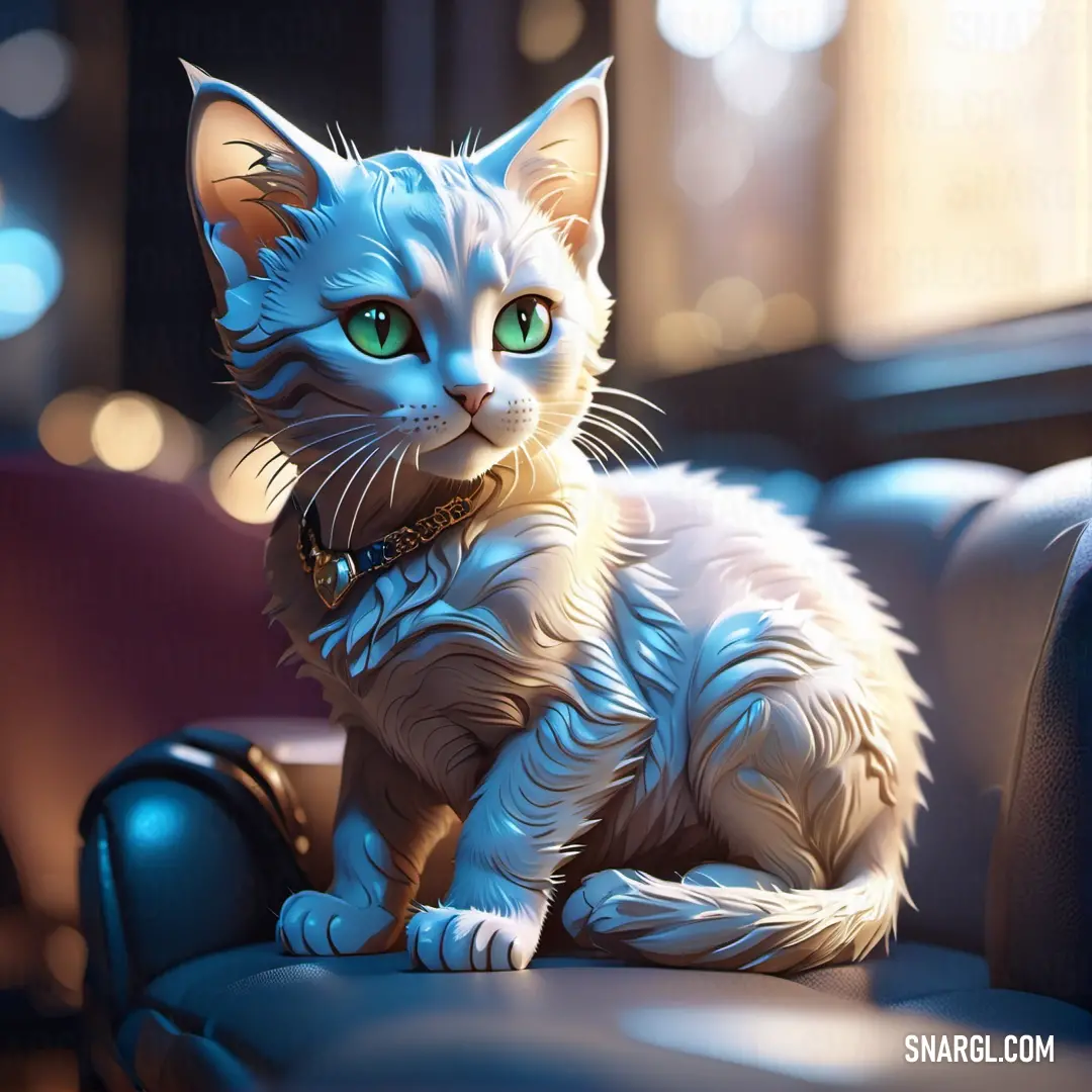 Cat on a blue chair with a collar on it's neck and glowing eyes on it. Color #EBF8FB.