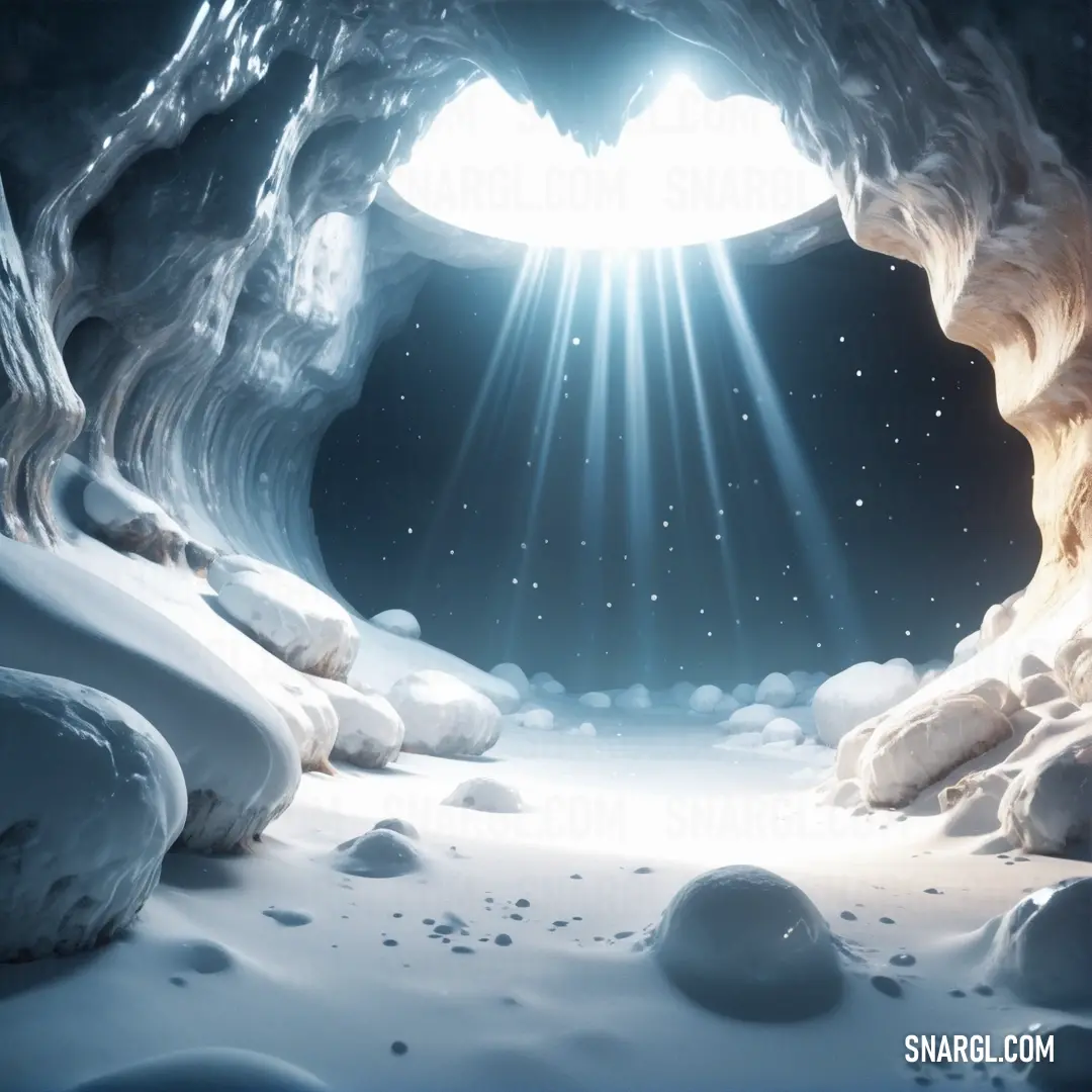 Cave with a bright light coming from it's entrance and snow covered ground below it. Color #EBF8FB.