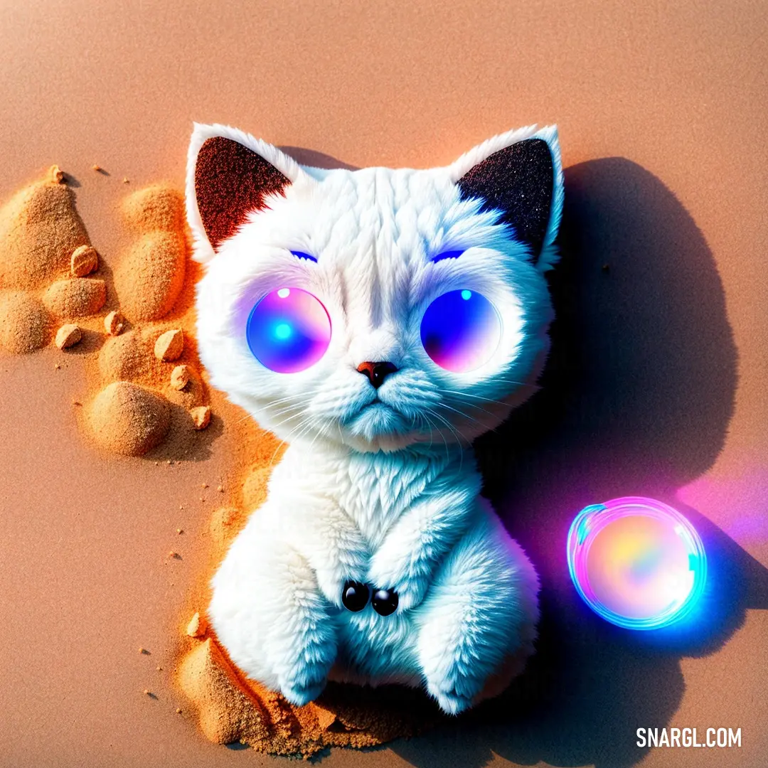 White cat with glowing eyes next to a pile of cookies and cookies on a table with a light shining on it. Example of #E7FAF2 color.