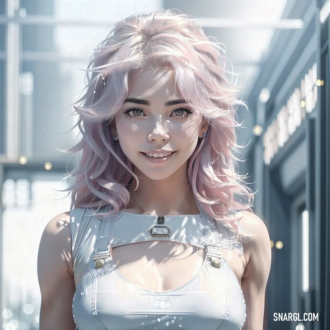 NCS S 0510-B50G color example: Woman with pink hair and a white top on a street with a building in the background