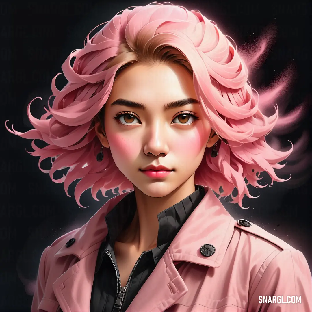 Digital painting of a woman with pink hair and a pink coat on her shoulders and a black background. Color #FFE7E2.