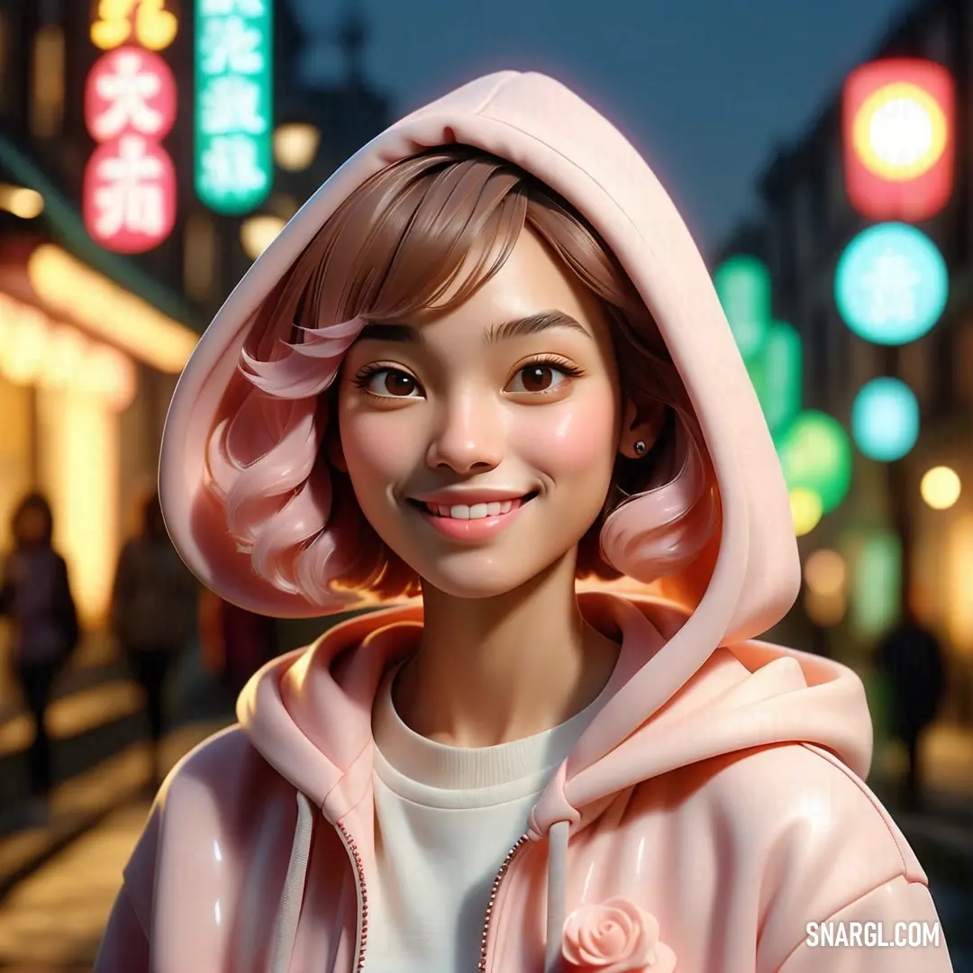 Cartoon girl with a pink hoodie on a city street at night with neon signs in the background. Example of #FFEAEA color.