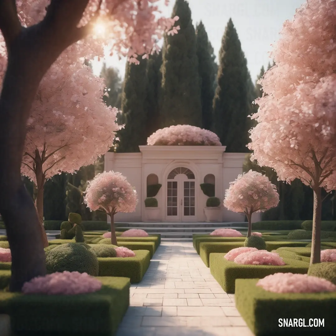 Garden with a lot of trees and bushes in it and a building in the background. Color #FFEFF1.
